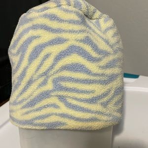 Light yellow and light blue tiger stripe fleece hat